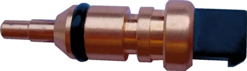 Vorlauffühler in Messing mit NTC-Sensor sowie Kunststoffstecker, verwendet in Heizsystemen, speziell von der Marke Wolf.